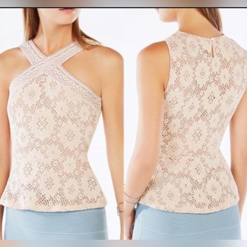 NWT BCBG Maxazria Annica Crochet Halter Top in Parfait
